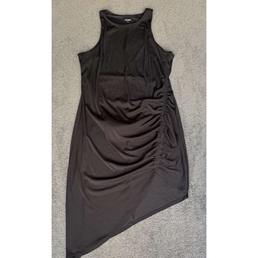 Express Black Ruched Asymmetrical High Neck Sleeveless Dress XL Lined